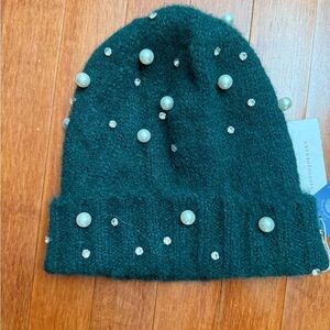 Maeve Green Beanie with Pearl and Rhinestone Accents